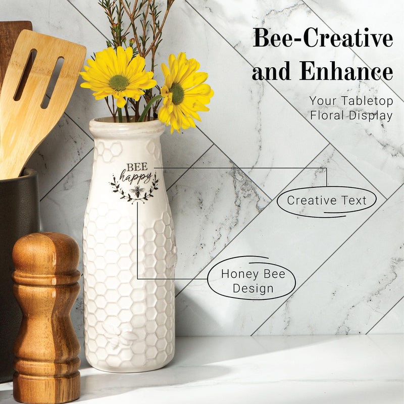 Young's Inc. Ceramic Flower Vase (Bee Happy) - White Ceramic Vase - Honeycomb Decor - 3" L x 3" W x 8" H Contains one Flower vase - Image 3